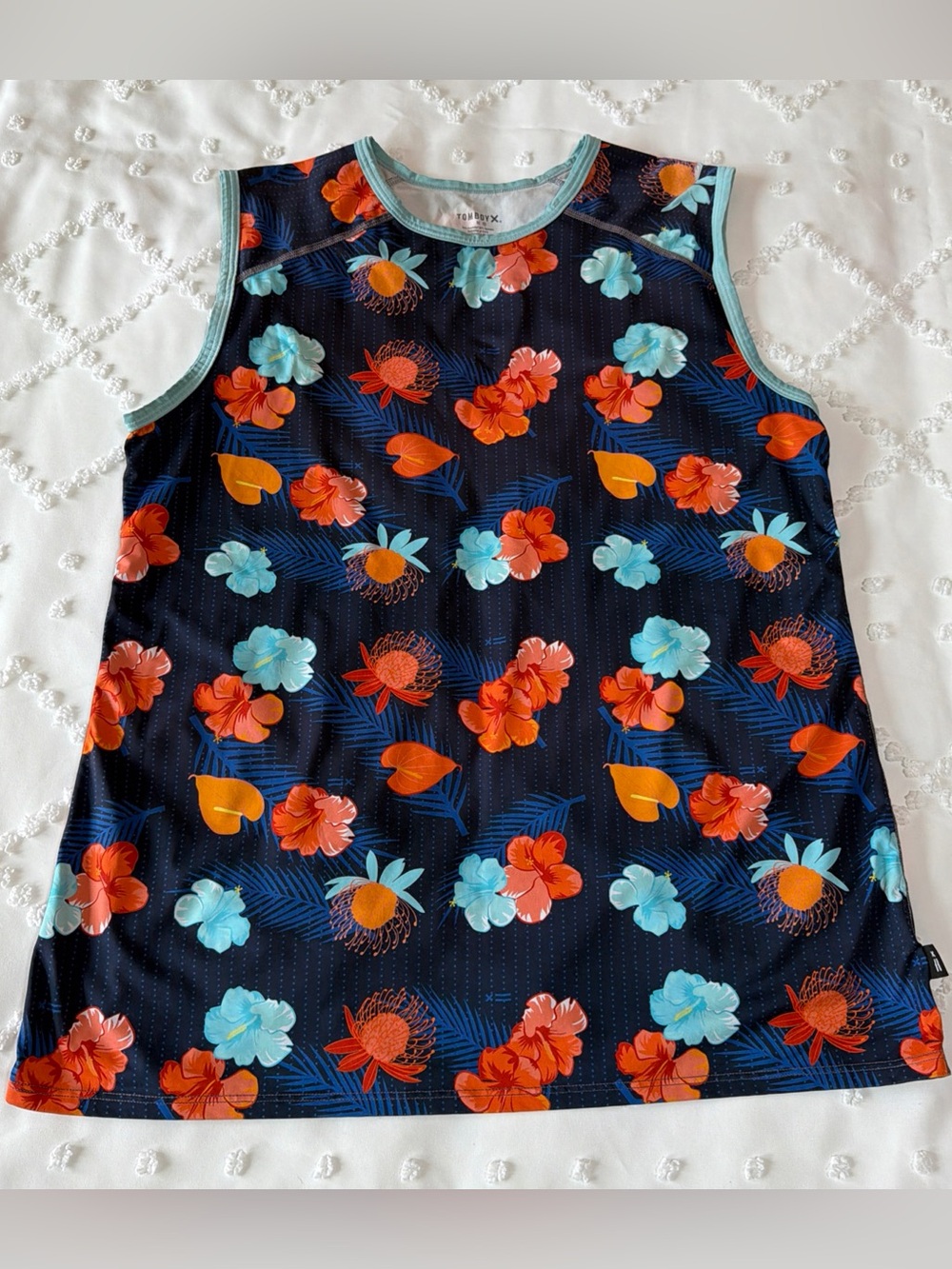 TomboyX Tropical Blue Aloha Swim Tank Top Unisex Gender Neutral Size XL Hibiscus